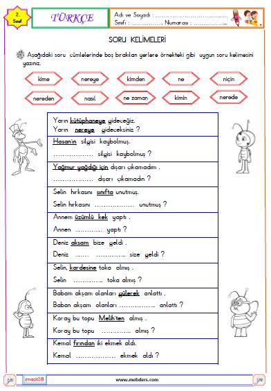 2.Sınıf Türkçe Soru Cümlesi ve Soru Kelimeleri Etkinliği