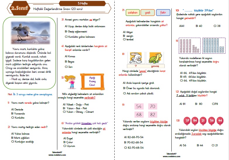 2.Sınıf Haftalık Değerlendirme Testi - 5.Hafta (10-14 Ekim)