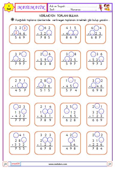 3. Sınıf Matematik Verilmeyen Toplananı Bulma Etkinliği 3