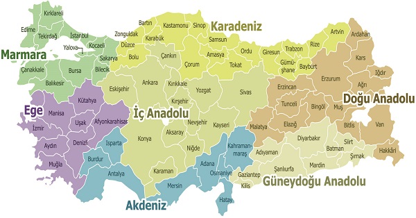 İlleri ve Bölgeleri Gösteren Türkiye Haritası