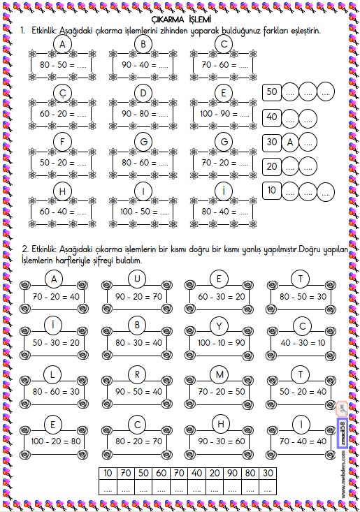 2. Sınıf Matematik Zihinden Çıkarma İşlemi Etkinliği 1