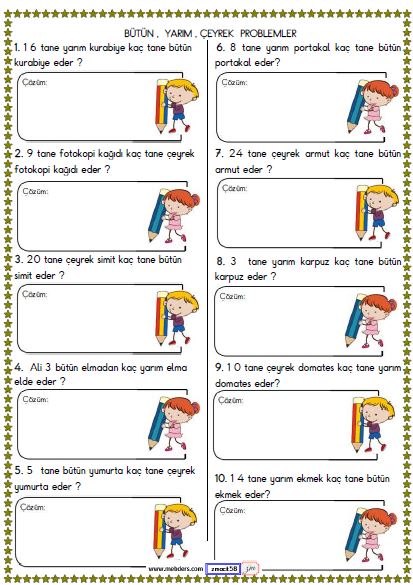 2. Sınıf Matematik Bütün, Yarım, Çeyrek ile İlgili Problemler  Etkinliği 2