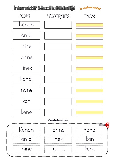 İnteraktif Sözcük Etkinliği - N Sesine Kadar