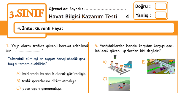 3.Sınıf Hayat Bilgisi Kazanım Testi - 4.Ünite - Güvenli Hayat