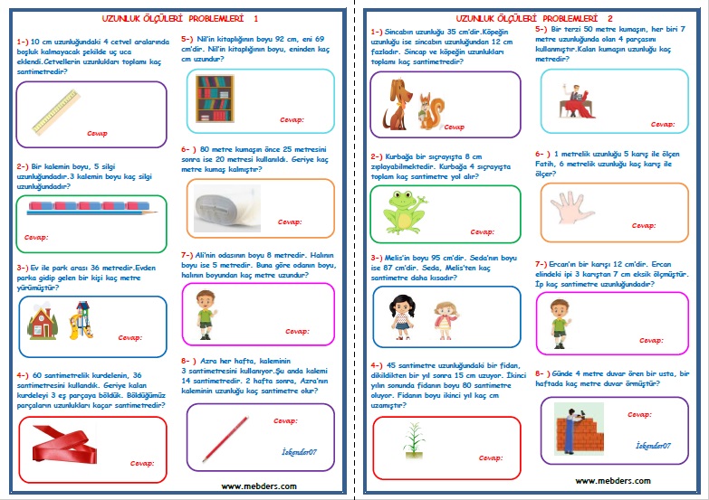 2.Sınıf Matematik Uzunluk Ölçüleri Problemleri (4 Sayfa)