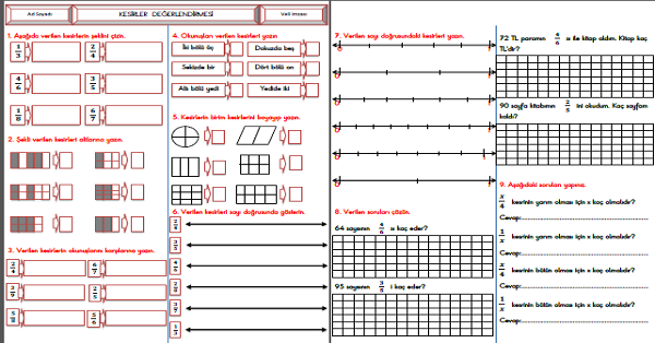 3.Sınıf - Matematik Kesirler Değerlendirme Etkinliği 2