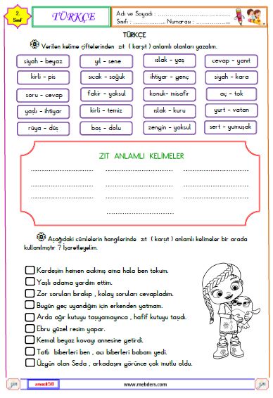 2. Sınıf Türkçe Zıt Anlamlı Kelimeler Etkinliği 1