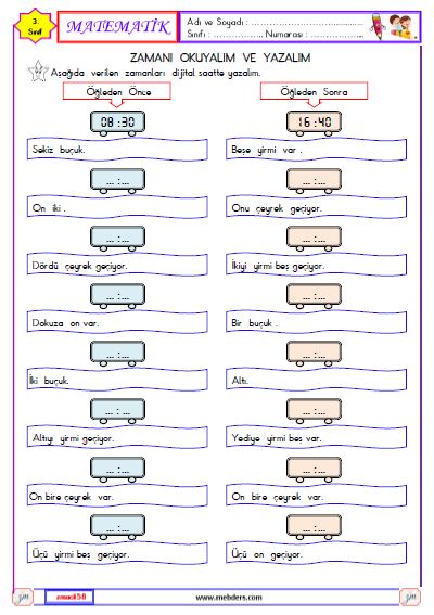 3. Sınıf Matematik Zamanı Okuyalım ve Yazalım Etkinliği 7