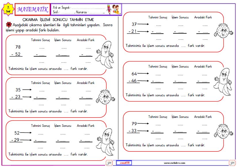 2. Sınıf Matematik Çıkarma İşleminin Sonucunu Tahmin Etme Etkinliği 2