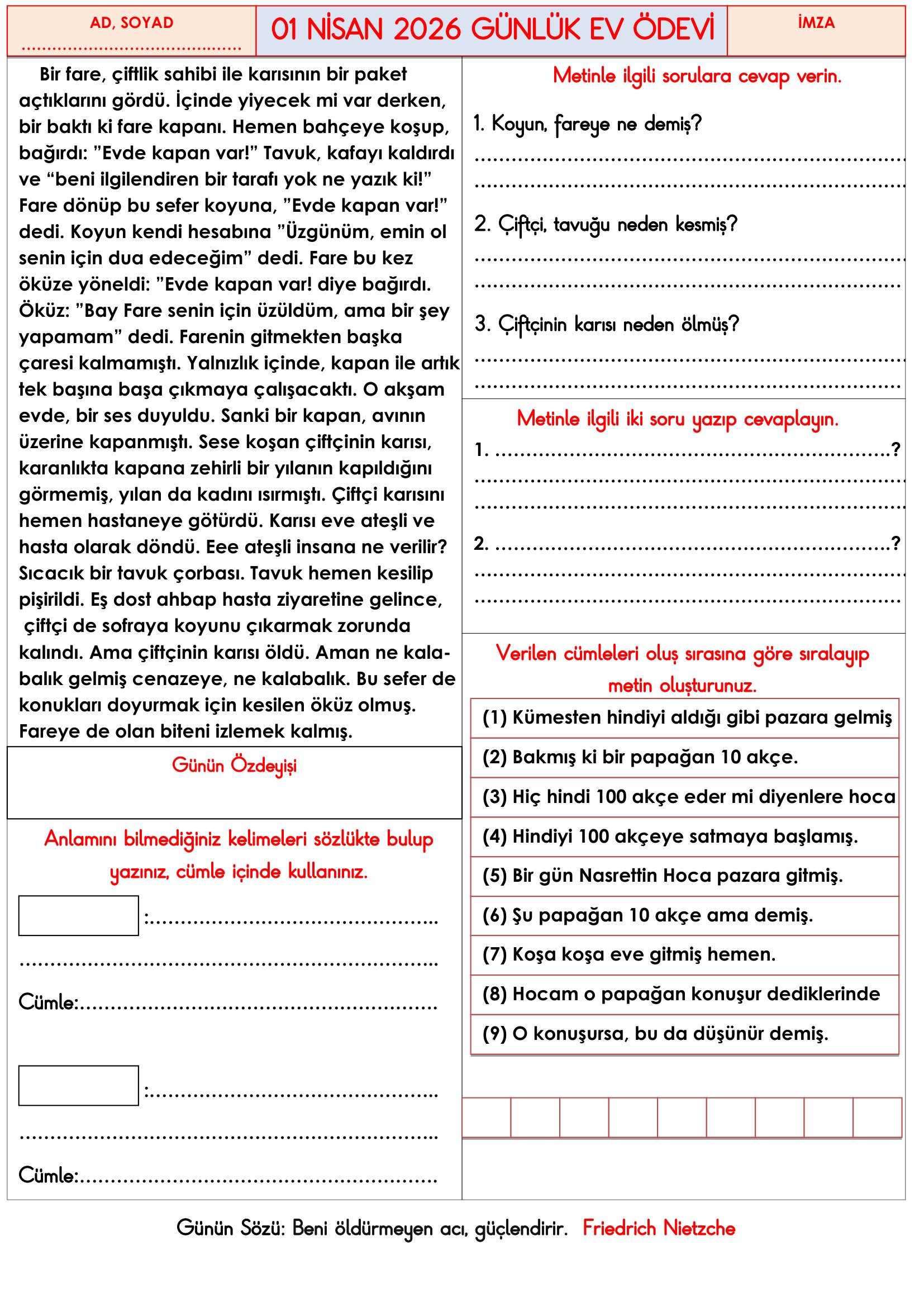 3.Sınıf - 01 Nisan 2026 Günlük Ev Ödevleri