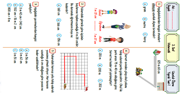 3.Sınıf Matematik Uzunluk Ölçme Yaprak Test-1