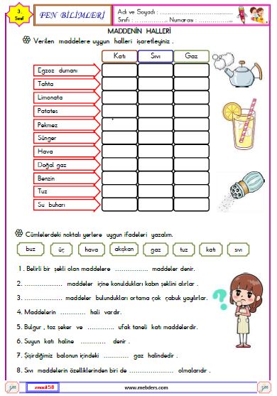 3. Sınıf Fen Bilimleri Maddenin Halleri Etkinliği 2