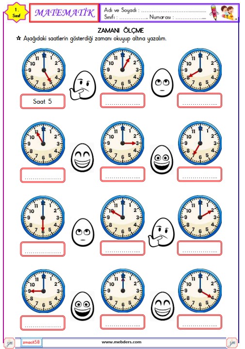 1. Sınıf Matematik Zamanı Ölçme , Saat Etkinliği 2