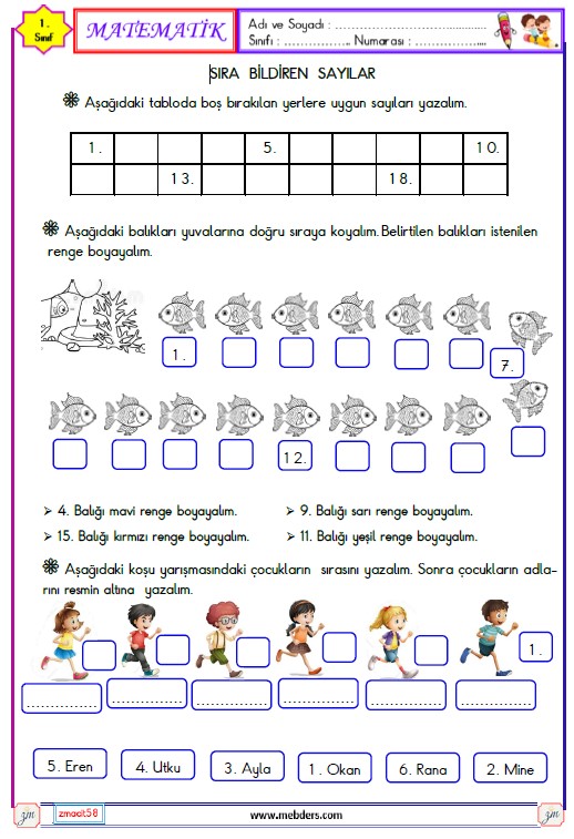 1. Sınıf Matematik Sıra Bildiren Sayılar Etkinliği 2