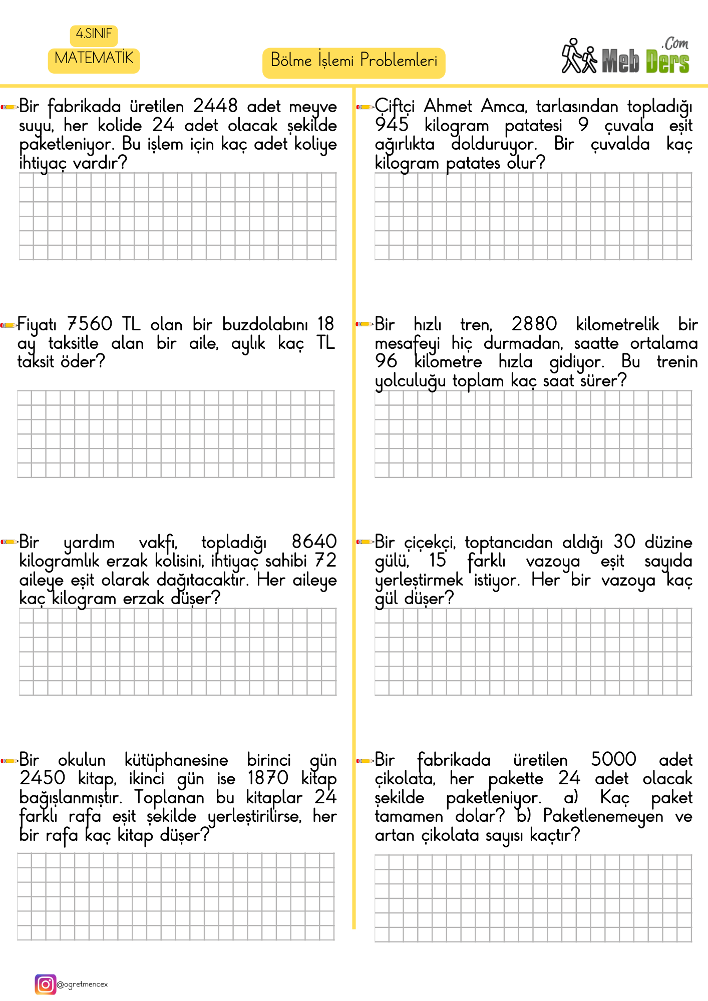 4. Sınıf Matematik Bölme Problemleri