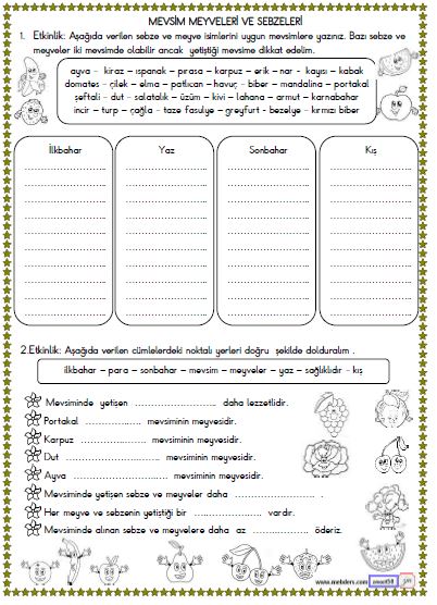 2. Sınıf Hayat Bilgisi Mevsim  Meyveleri ve Sebzeleri Etkinliği