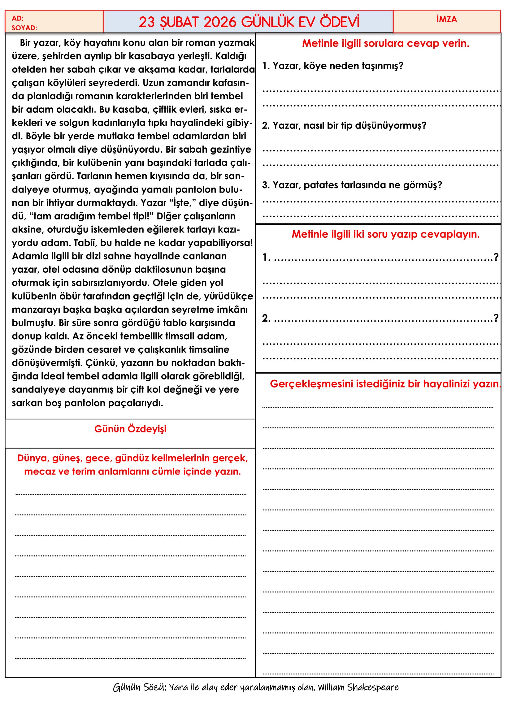 4.Sınıf - 23 Şubat 2026 Günlük Ev Ödevleri