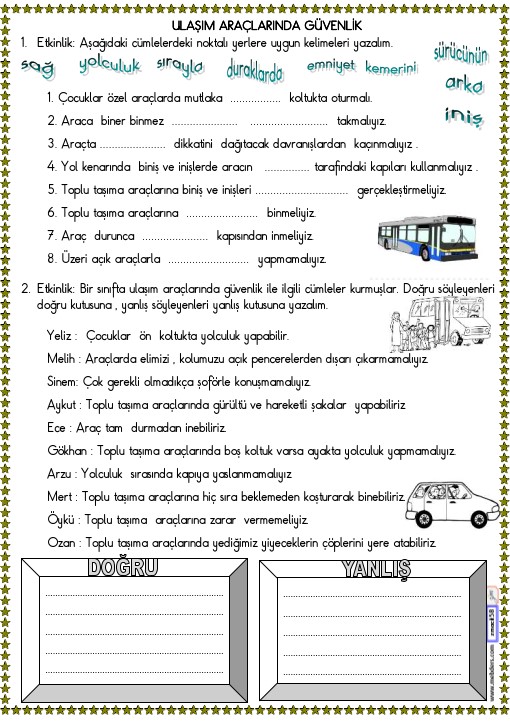 2. Sınıf Hayat Bilgisi Ulaşım Araçlarında Güvenlik Etkinliği 2