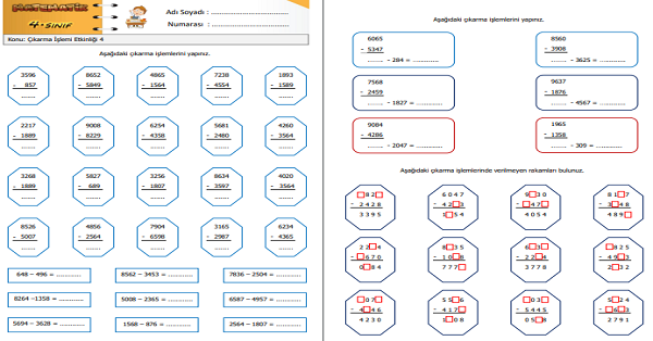 4.Sınıf Matematik Çıkarma İşlemi Etkinliği 4