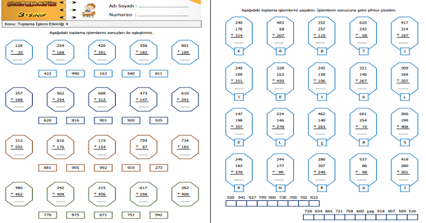 3.Sınıf Matematik Toplama İşlemi Etkinliği 4