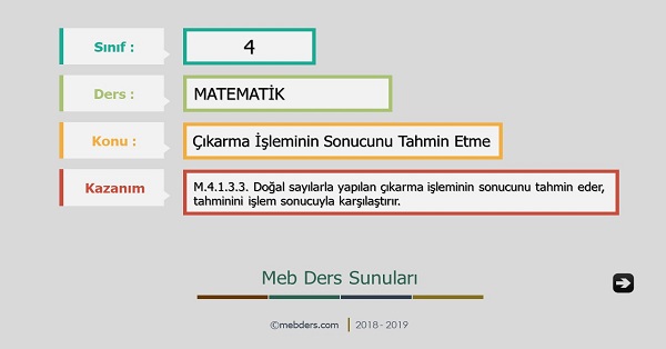 4.Sınıf Matematik Çıkarma İşleminin Sonucunu Tahmin Etme Sunusu