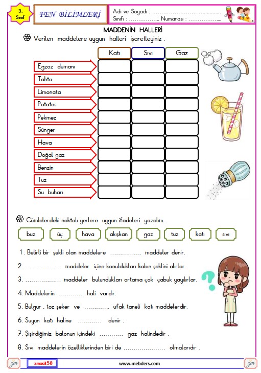3. Sınıf Fen Bilimleri Maddenin Halleri Etkinliği 2