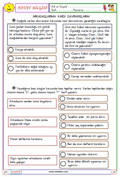 3. Sınıf Hayat Bilgisi Arkadaşlarıma Karşı Davranışlarım Etkinliği