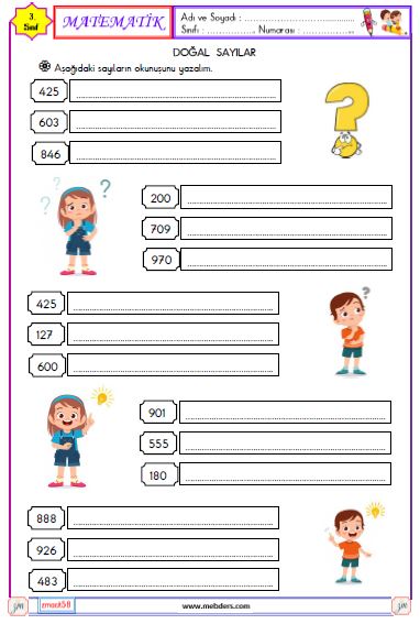 3. Sınıf Matematik Doğal Sayıları Okuma ve Yazma Etkinliği 5