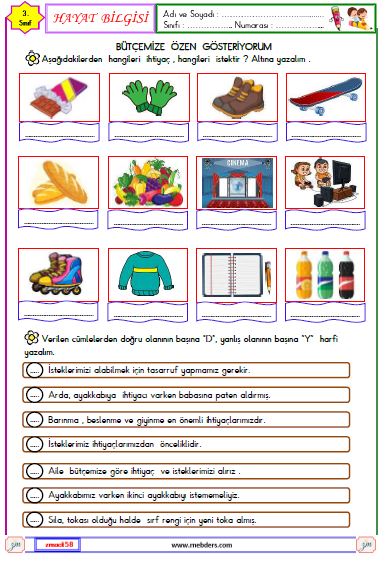 3. Sınıf Hayat Bilgisi İstek ve İhtiyaçlar Etkinliği