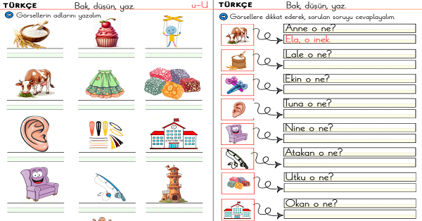 1. Sınıf İlk Okuma Yazma U -u Sesi Görsel Dikte ve O Ne? Etkinliği