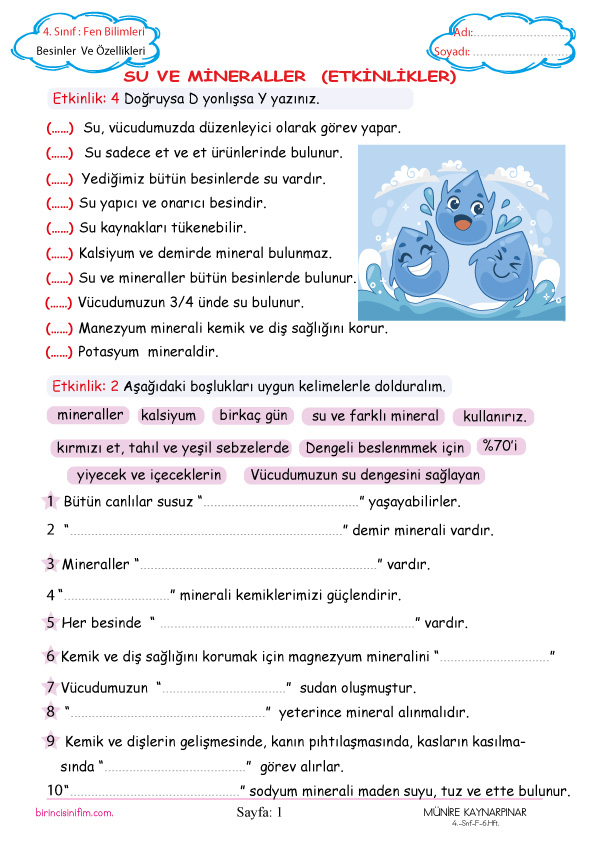 4. Sınıf Sosyal Bilgiler Su ve Mineraller Etkinlikleri