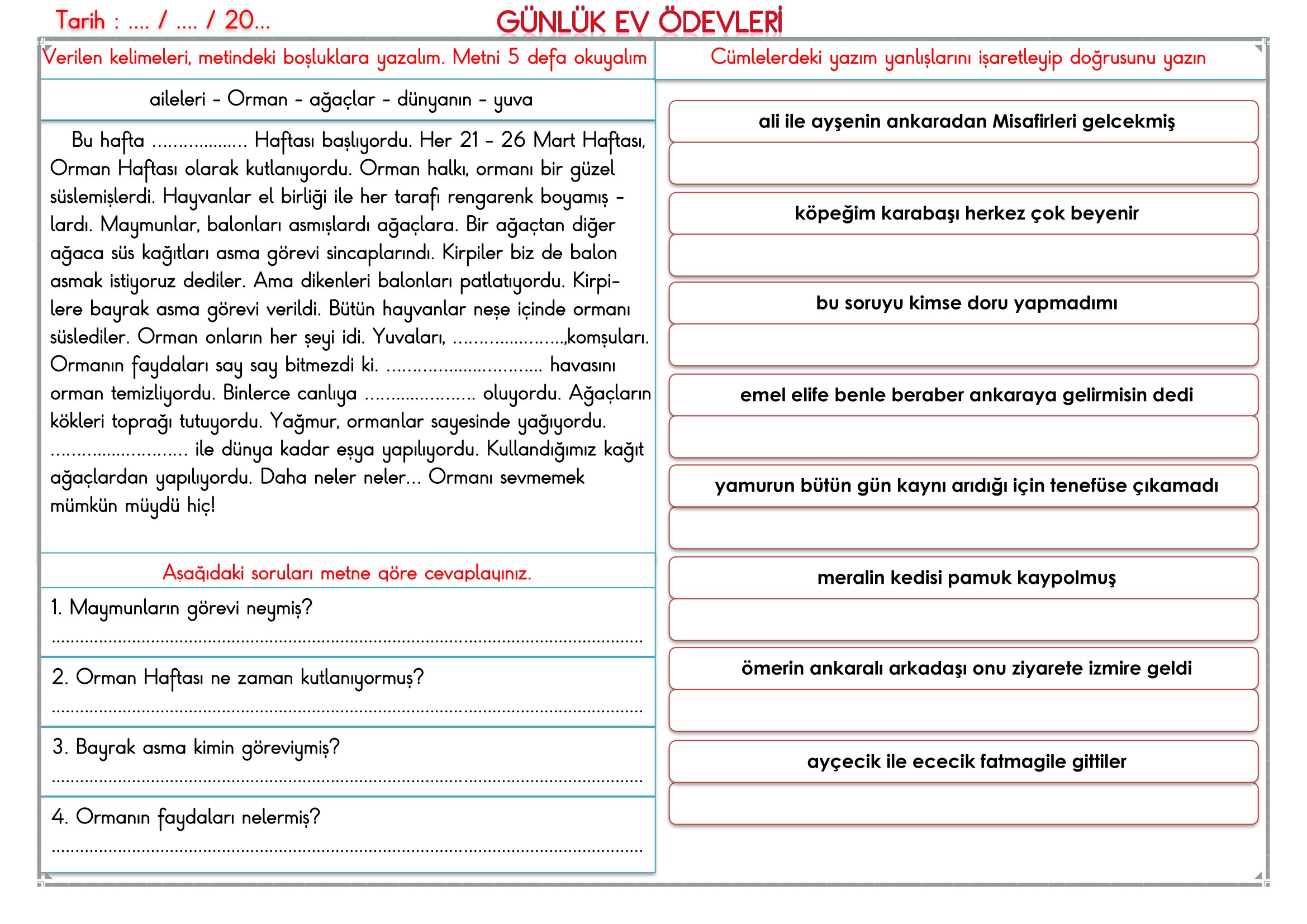 2.Sınıf - 25 Mart 2026 Günlük Ev Ödevleri