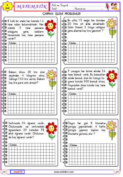 3. Sınıf Matematik Çarpma İşlemi ile İlgili Problemler Etkinliği 6