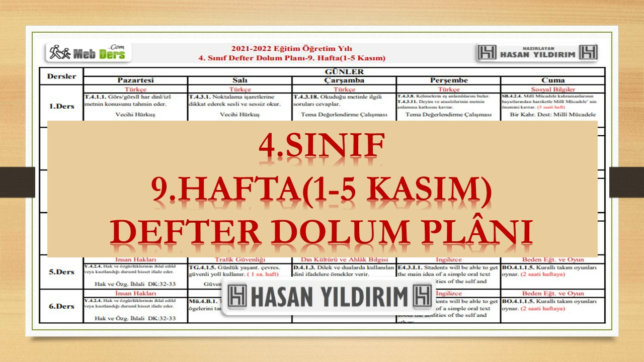 4.Sınıf 9.Hafta(1-5 Kasım) Defter Dolum Planı