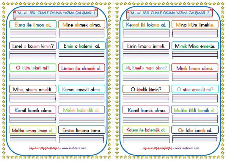 1.Sınıf M-m Sesi Cümle Okuma Yazma Çalışması  (2 SAYFA)