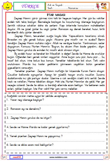 3. Sınıf Türkçe Okuma ve Anlama Metni Etkinliği (İftar Sofrası)