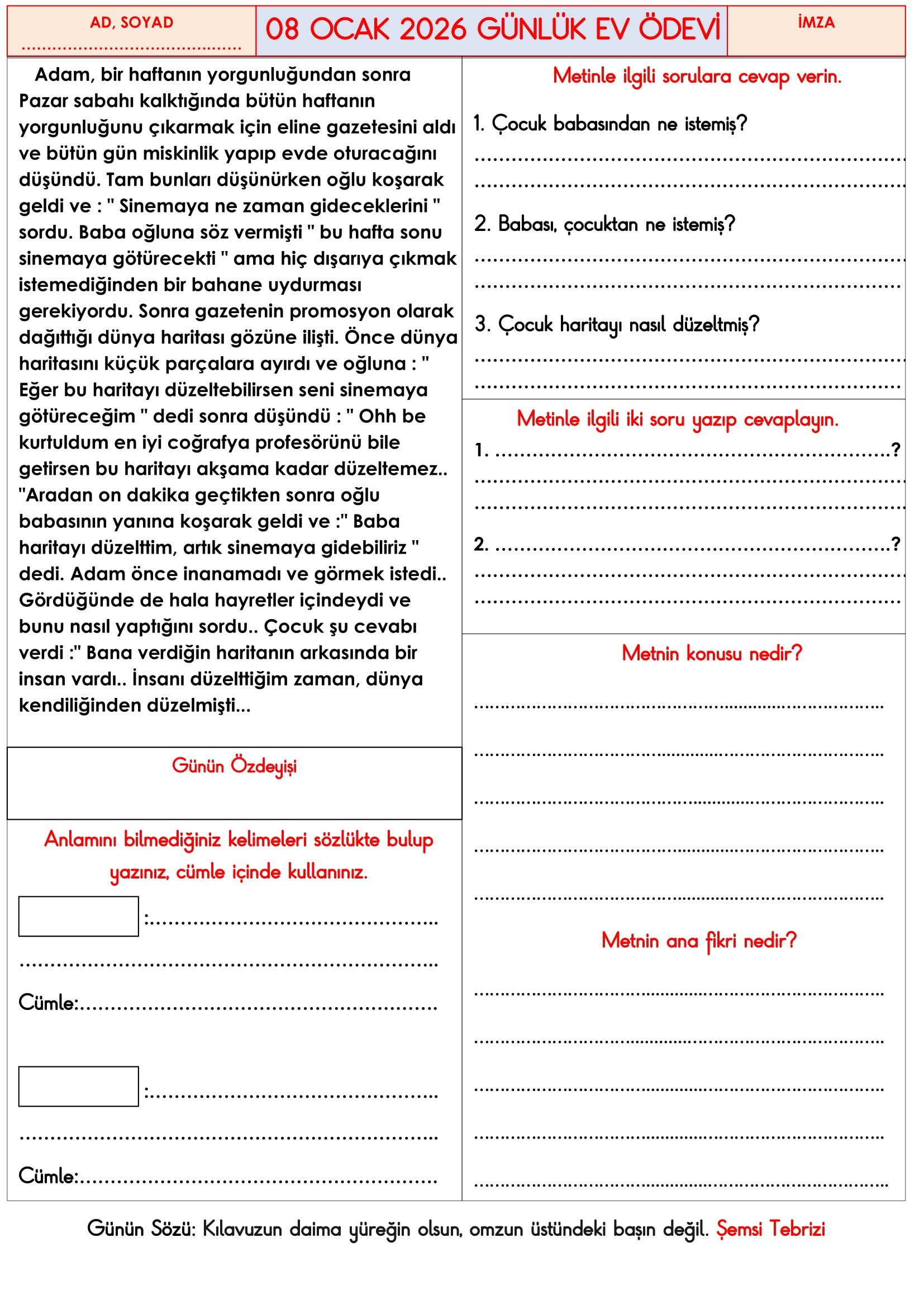 3.Sınıf - 08 Ocak 2026 Günlük Ev Ödevleri