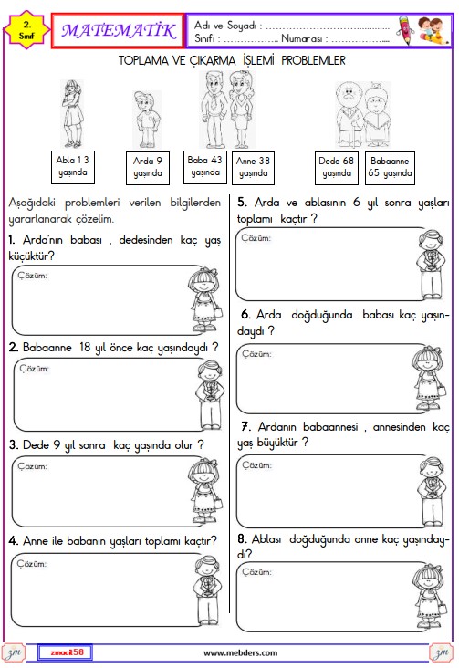 2. Sınıf Matematik Toplama ve Çıkarma İşlemleri Problemleri Etkinliği 7