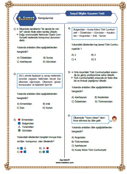 4. Sınıf Sosyal Bilgiler Komşularımız Kazanım Testi