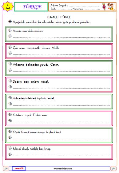 2. Sınıf Türkçe Kurallı Cümle Etkinliği