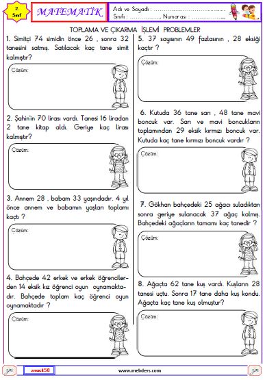 2. Sınıf Matematik Toplama ve Çıkarma İşlemi İle İlgili Problemler Etkinliği 8