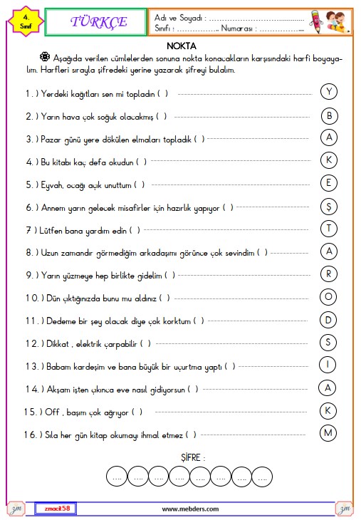 4. Sınıf Türkçe Nokta Etkinliği 1