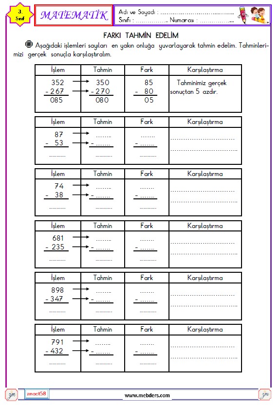 3. Sınıf Matematik  Farkı Tahmin Edelim Etkinliği  3