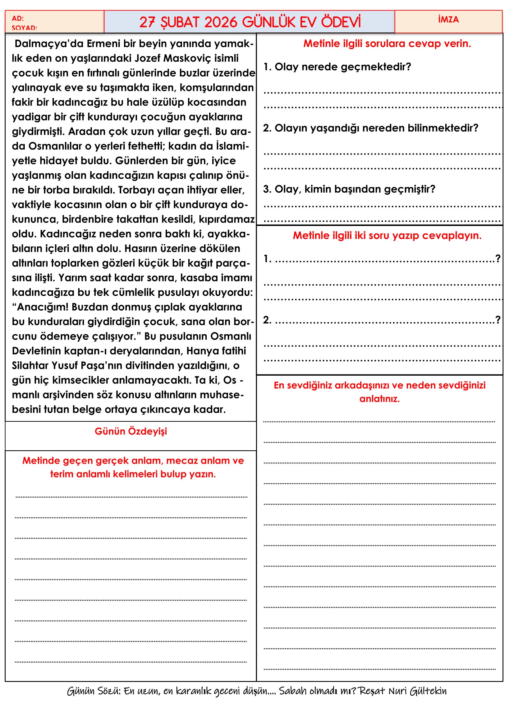 4.Sınıf - 27 Şubat 2026 Günlük Ev Ödevleri