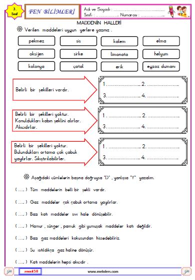 3. Sınıf Fen Bilimleri Maddenin Halleri Etkinliği 3