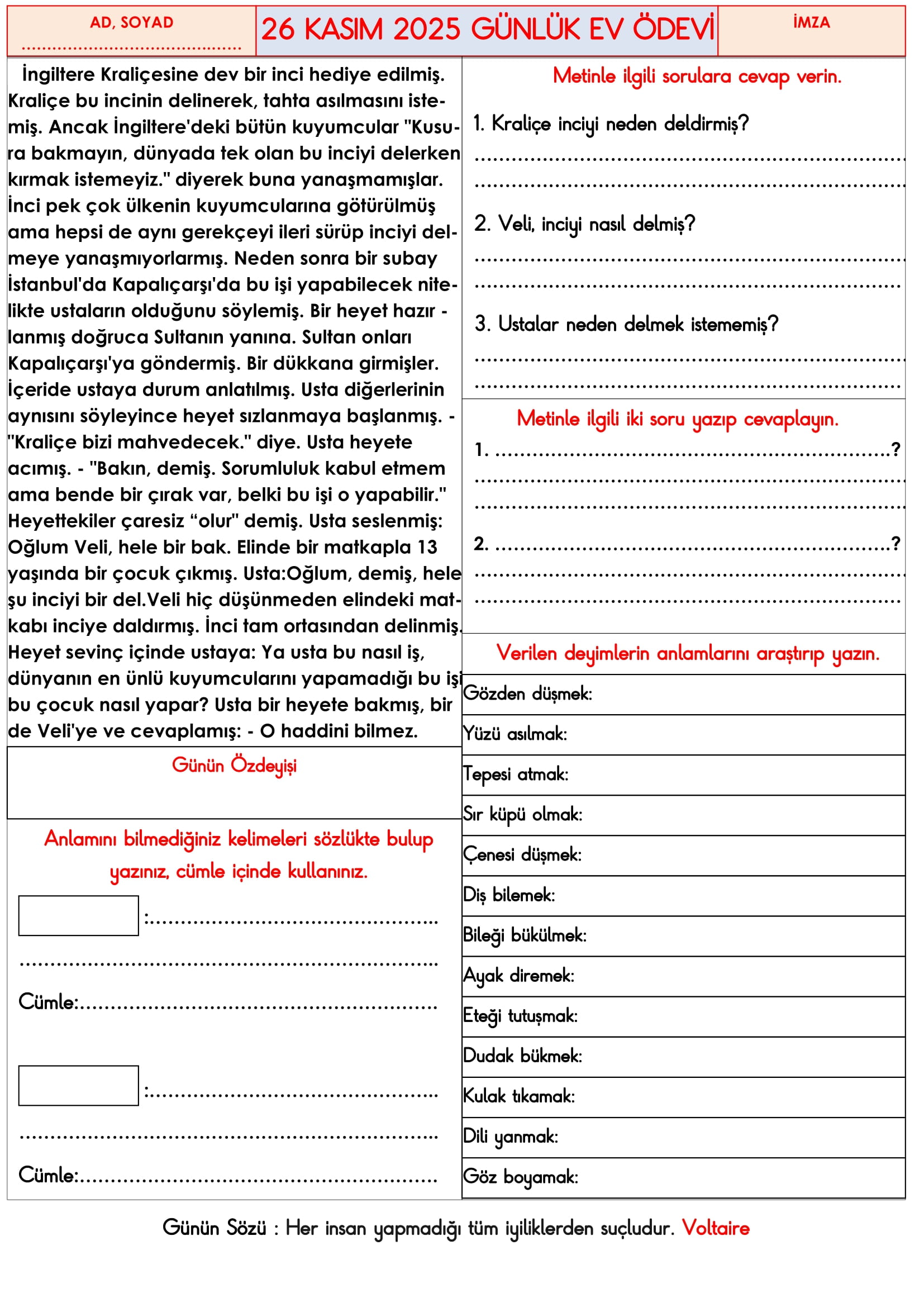 3.Sınıf - 26 Kasım 2025 Günlük Ev Ödevleri