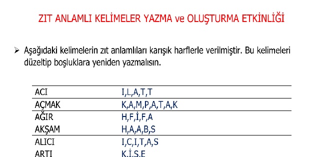 Zıt Anlamlı Kelimeler Etkinliği