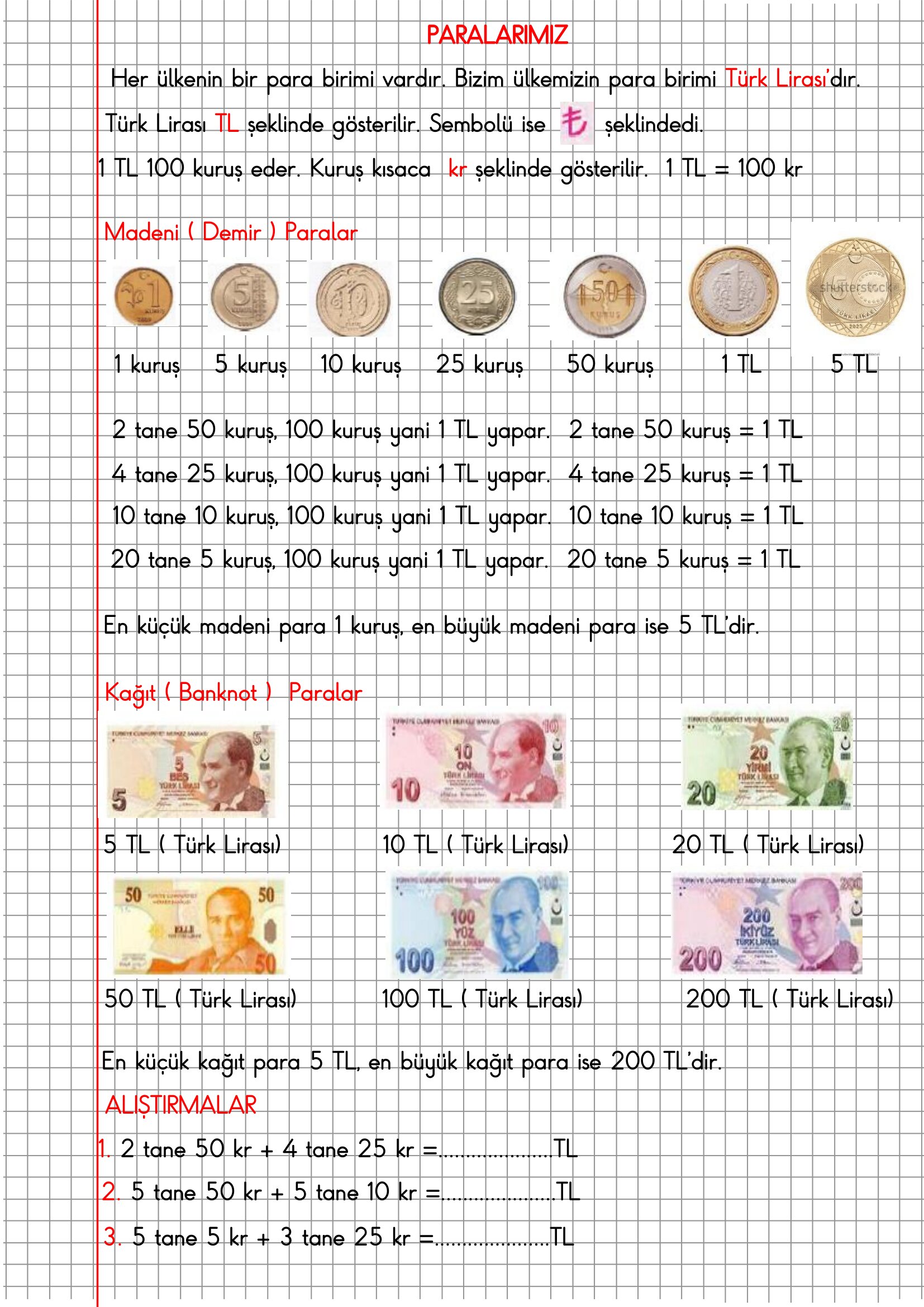 2.Sınıf Matematik Kareli Defterde Paralarımız Konu Anlatımı