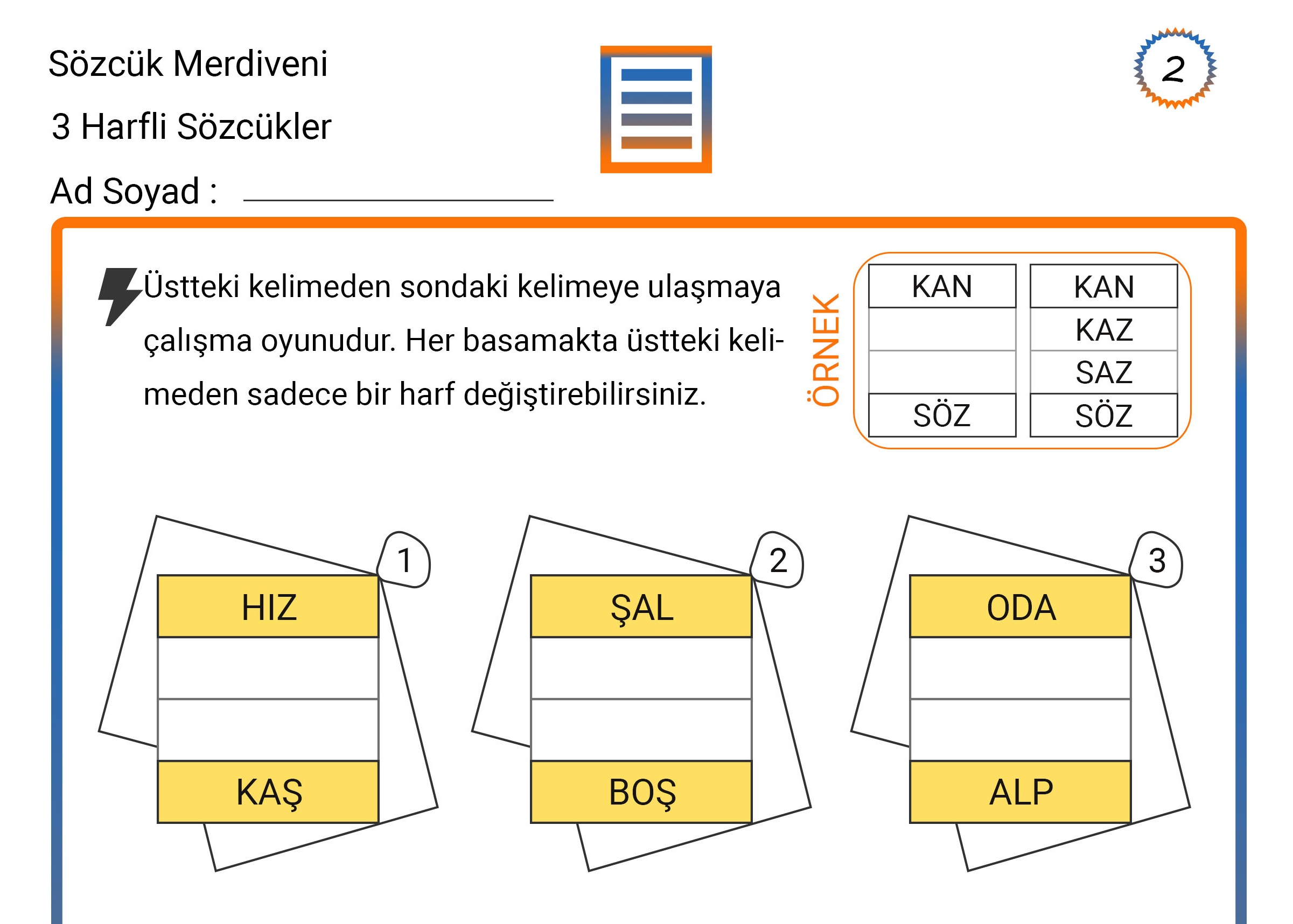 Sözcük Merdiveni Zeka Etkinliği 2 (3 Harfli Sözcükler)