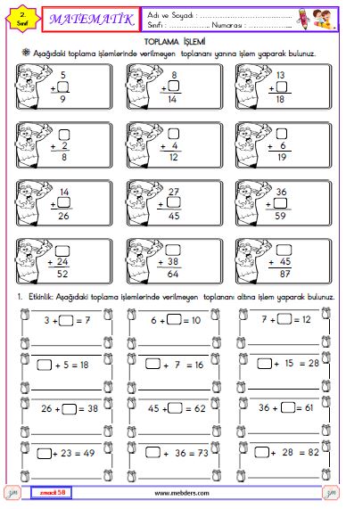 2. Sınıf Matematik Verilmeyen Toplananı Bulma Etkinliği 1